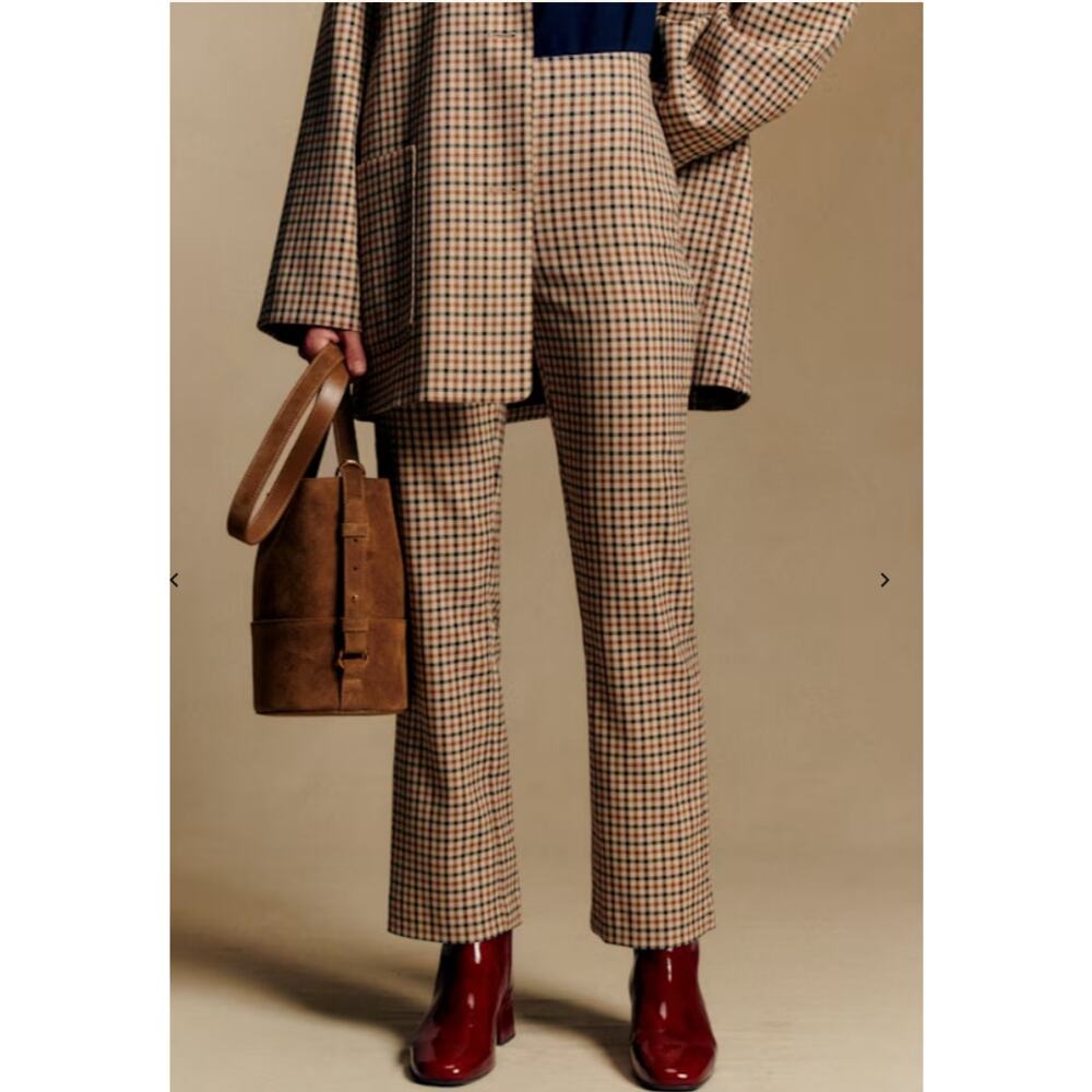 Sezane Cropped Checked Ankle Pants in Tan and Brown